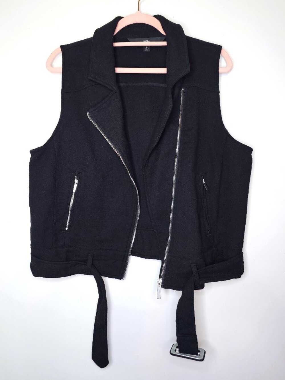 Mossimo Asymmetrical Zip Belted Cotton Blend Motorcycle Vest Large Black